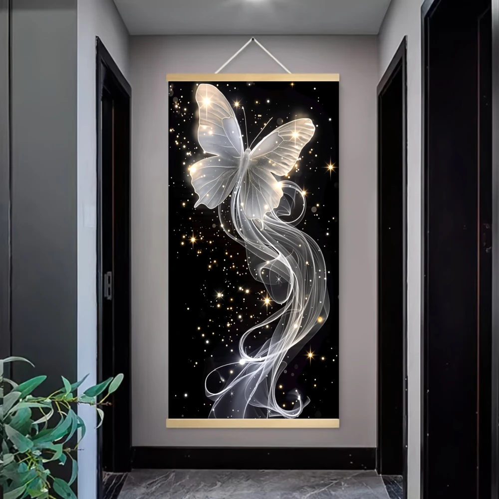 1pcs 2D Flat Scroll Hanging Canvas White Butterfly with Sparkling Stars and Flowing Light Trail Decorative Art for Living Room