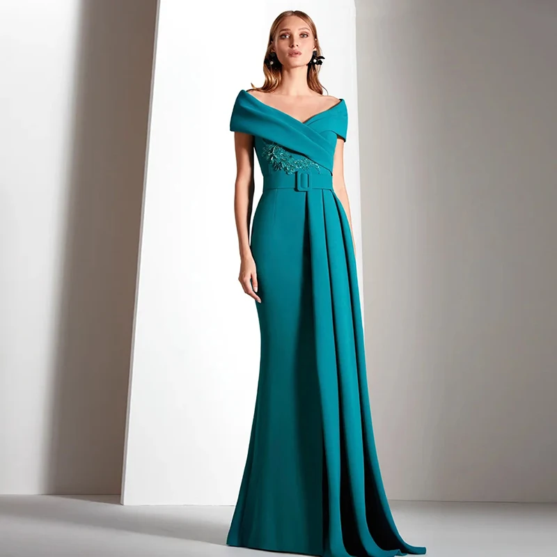 المرأة البط البري خارج الكتف الخامس الرقبة ثوب مسائي حورية البحر الطابق طول فستان أم العروس الدانتيل التطريز الكرة ثوب #1