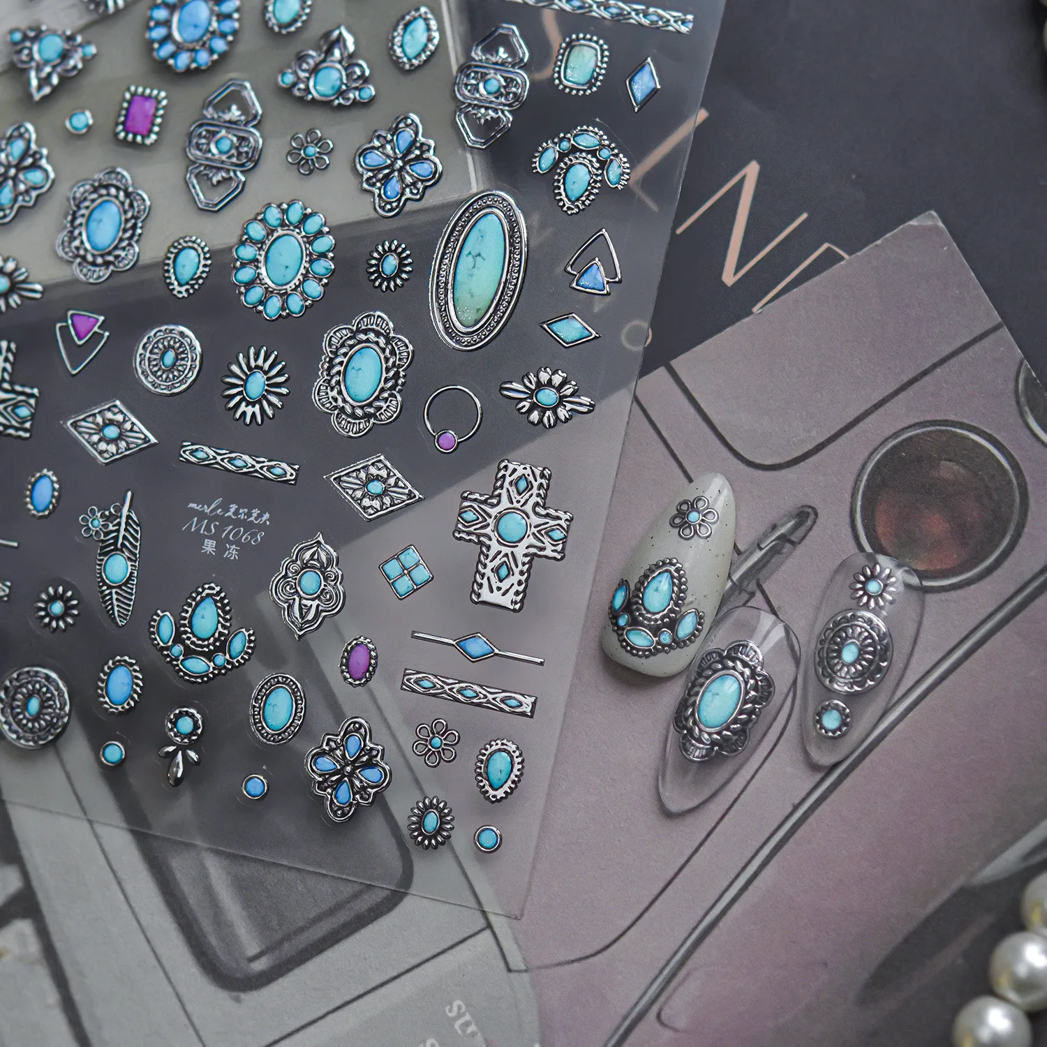 1Sheet Retro Jelly Embossed Gem Nail Stickers Vintage Metal Frame Imitation Turquoise Blue‑Purple Gem Cross Nail Art Decals DIY