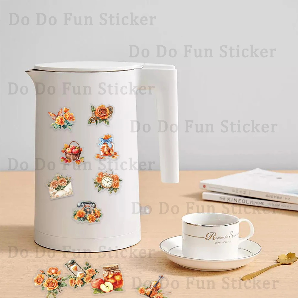 50PCS Retro Orange Art PET Sticker Waterproof Oil Proof Orange Rose Butterfly Maple Leaf DIY Scrapbook Cup Phone Collectible