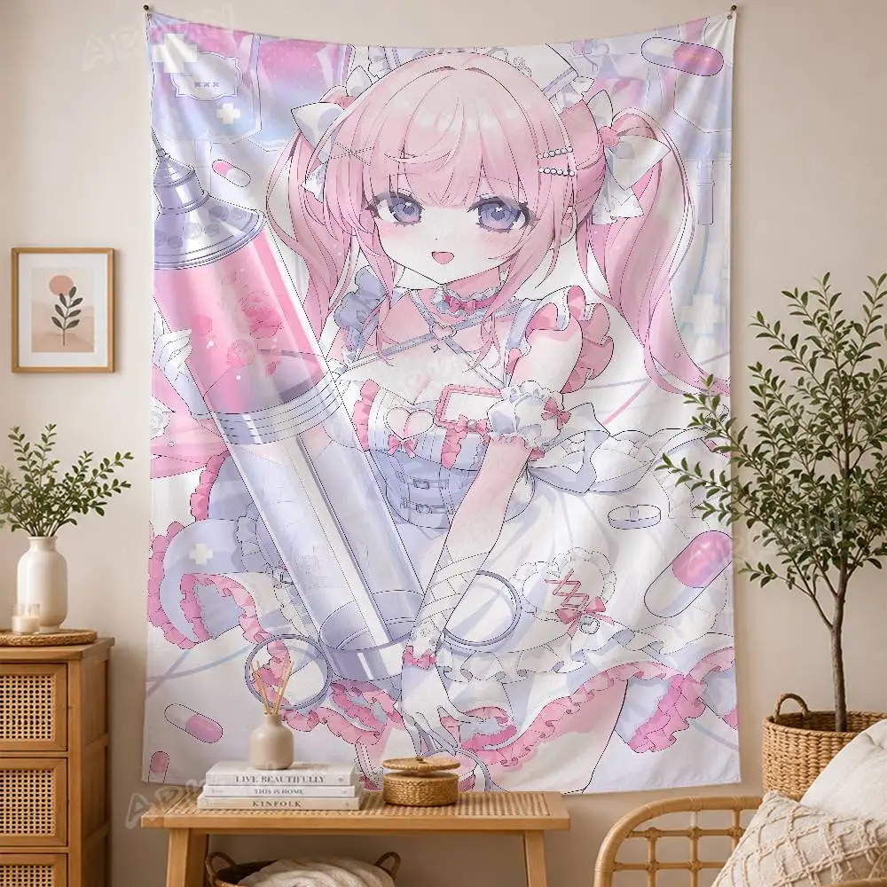 Pastel Pink Nurse Anime Girl Wall Tapestry, Sweet Twintail Character With Syringe Pill Medical Theme Yume Kawaii Bedroom Decor