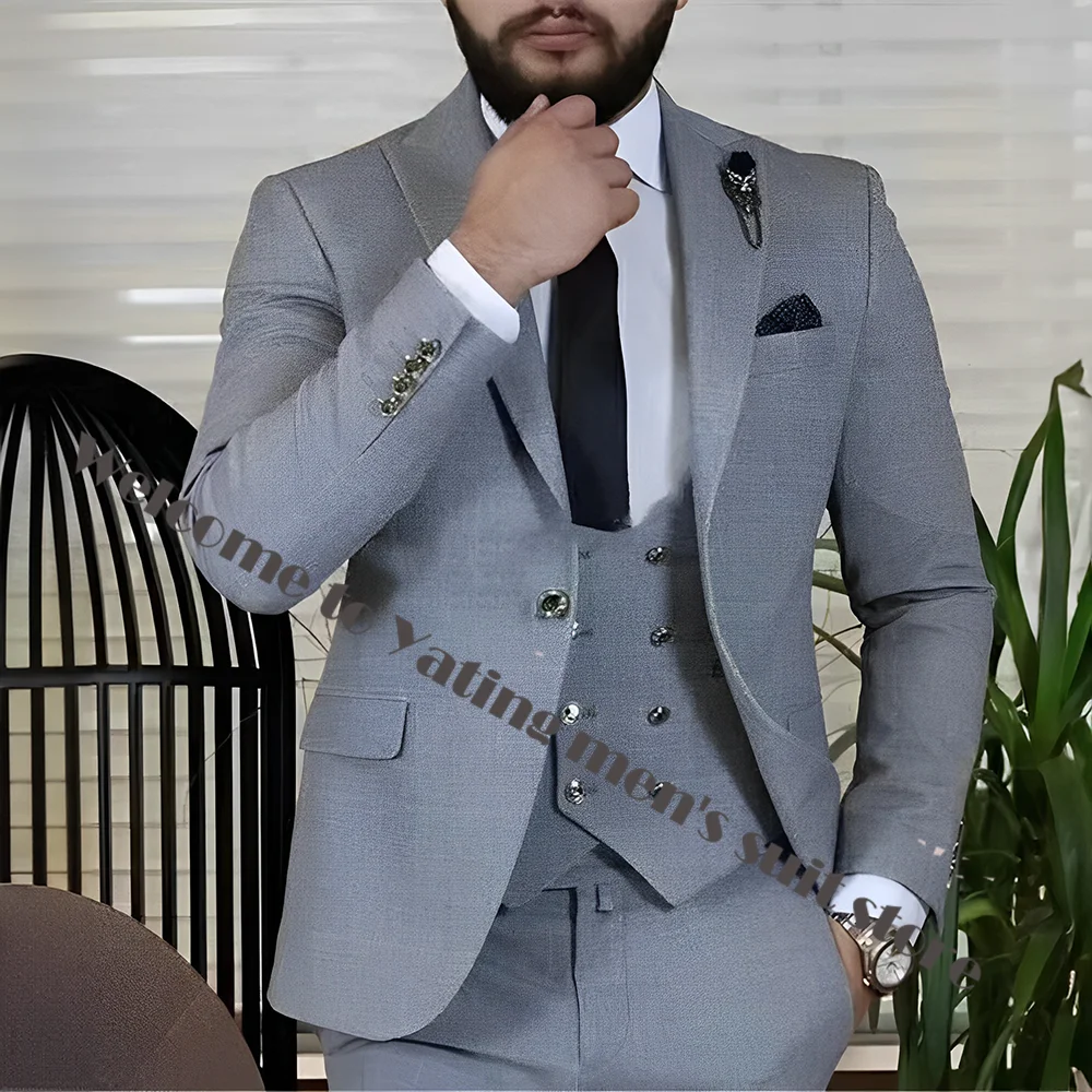 3 Piece Business Men\'s Suit Jacket Pants Vest Silver Button Formal Male Suit Multiple Colors Wedding Groom Tuxedo