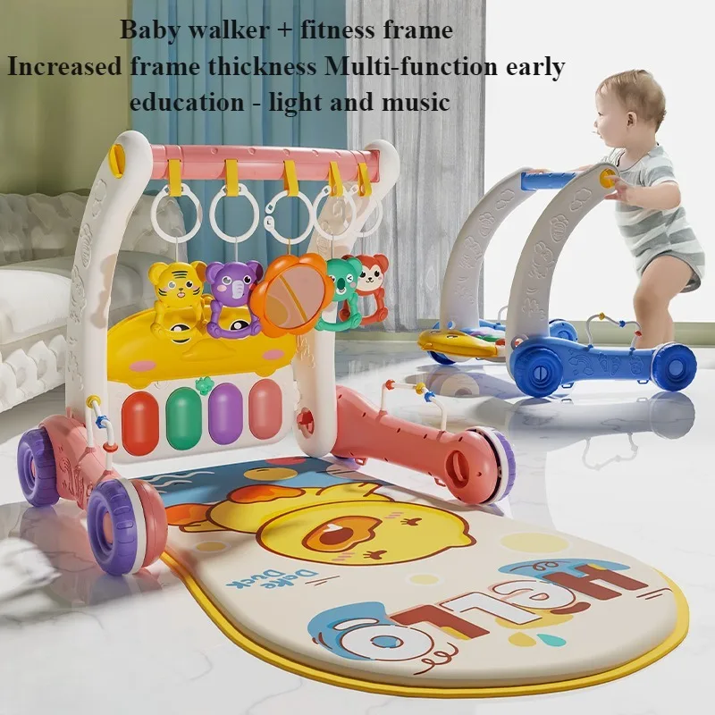 2 in 1 Newborn Baby Walker Fitness Frame with Music & Light Early Education Baby Trolly Fitness Rack Pedal Piano Toy for Infant