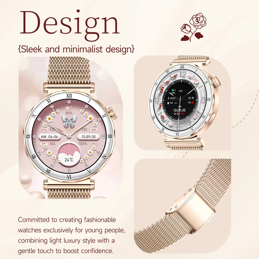 

Женские умные часы с информационными уведомлениями, 1.19-дюймовый AMOLED-экран, мониторинг сна и здоровья, Bluetooth-звонки, спорт, фитнес, музыка