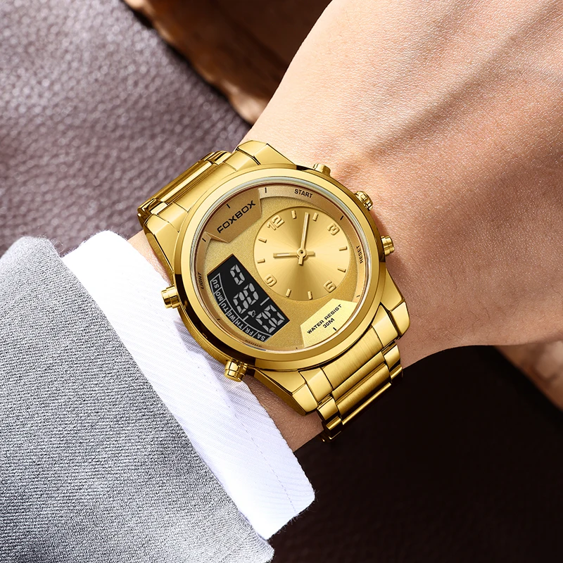 FOXBOX 2024 Mode Quartz Horloge Mannen Dual Display Luxe Horloges Mannen 30 m Waterdichte Digitale Lichtgevende Horloge Reloj Hombre nieuwe