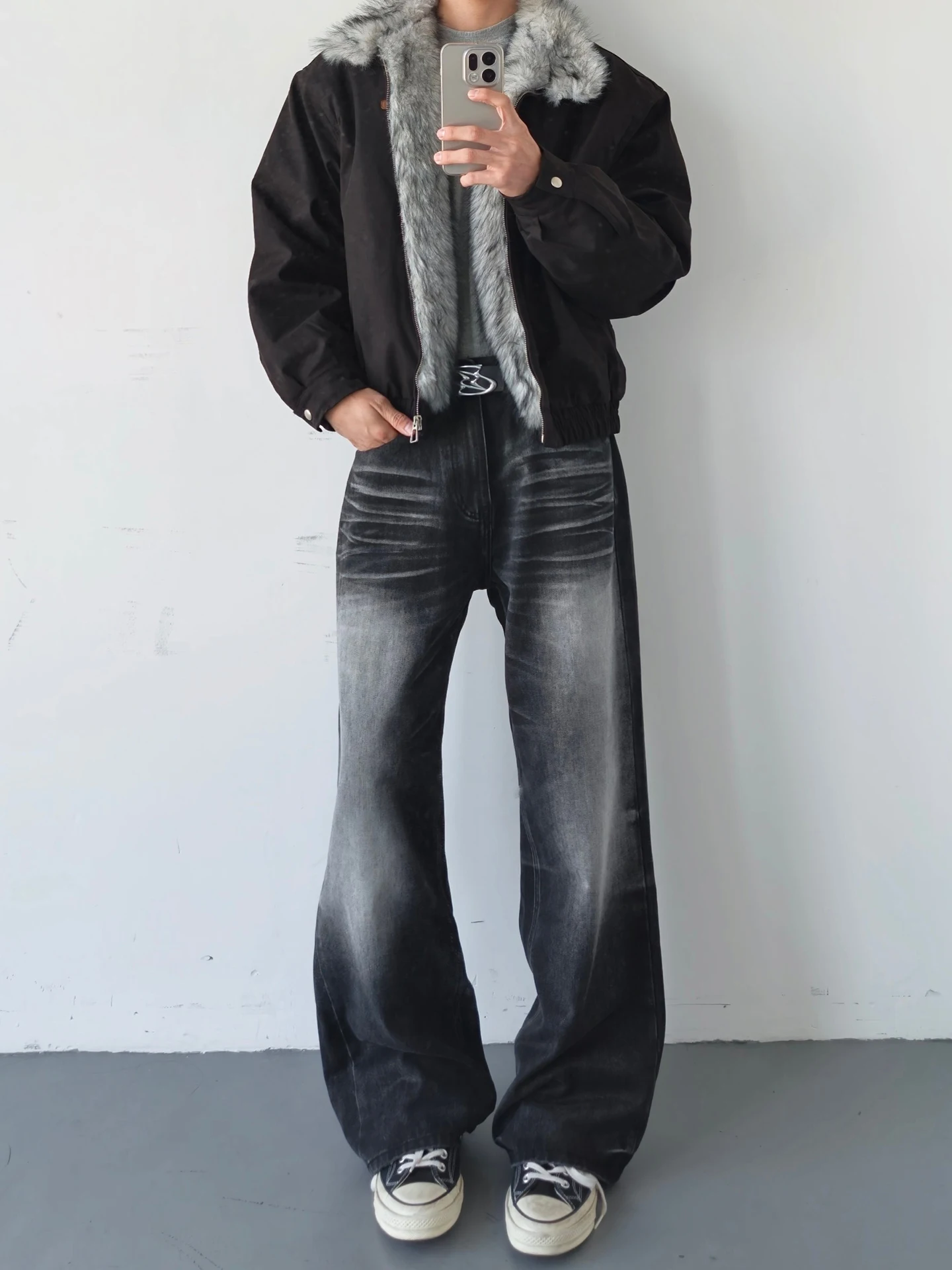 

American Retro Knife Men's Jeans mid Waist Waed Fabric Loose Fit Long Trousers Autumn Winter Faion Leg Lengthening