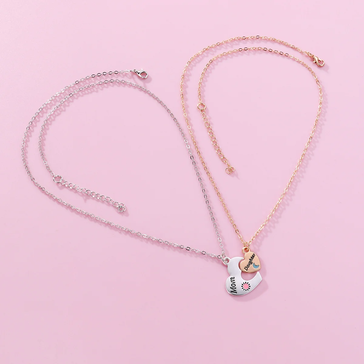 قلادة مرقعة على شكل قلب للأم والابنة، قلادة عصرية للشمس والقمر، هدية إكسسوارات مجوهرات المهرجانات #1