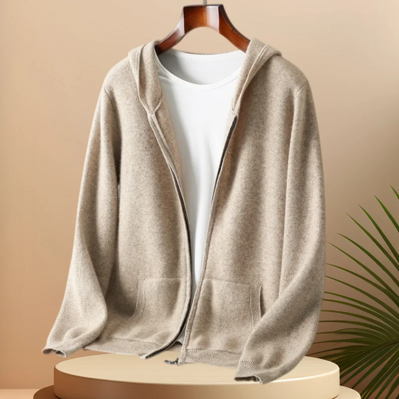 Men's 100% Cashmere Thick Hooded Cardigan Long Sleeved Zipper Warm Knitted Sweater Autumn Winter Menswear Shirt