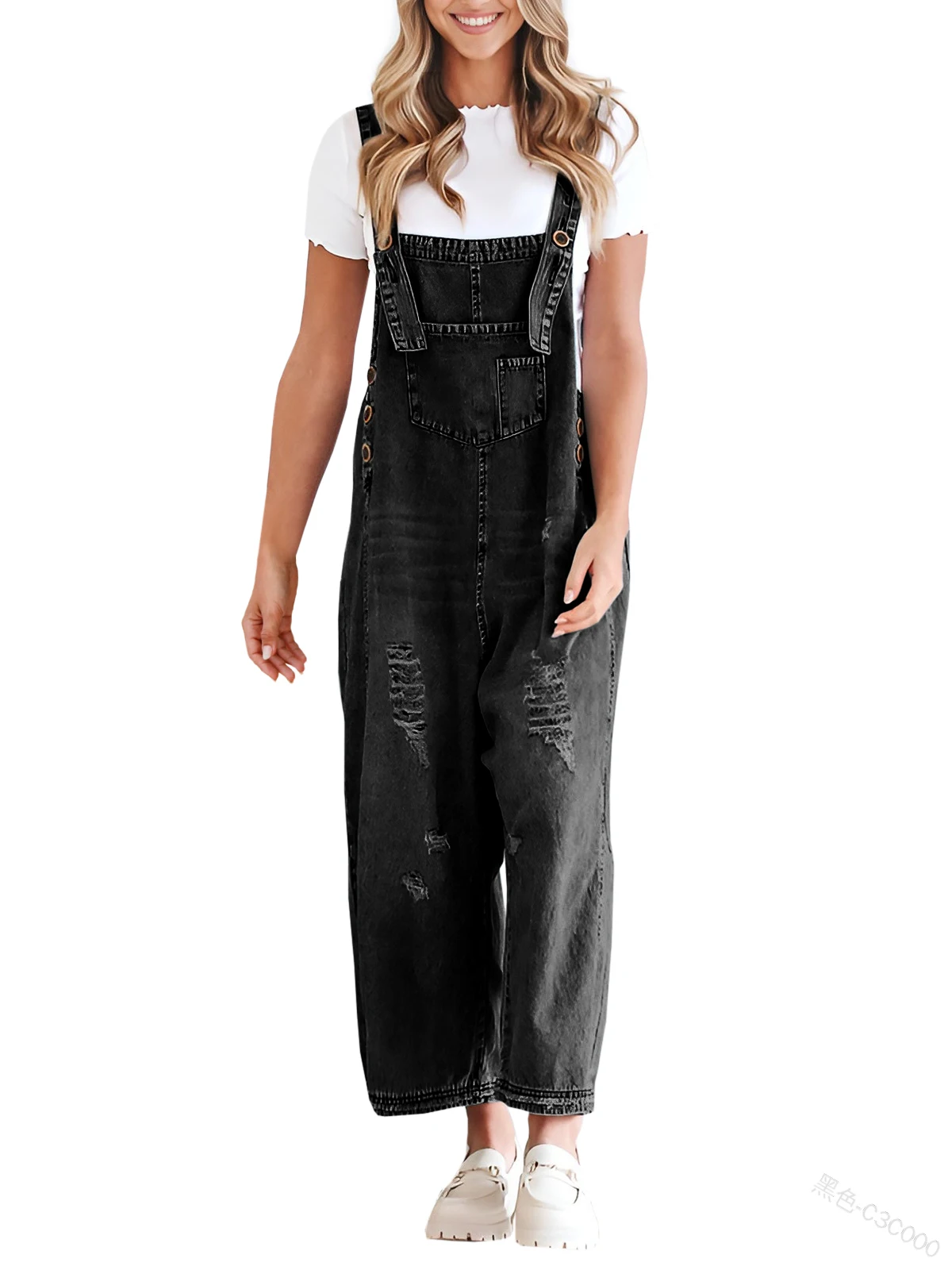 Women's Casual Denim Jumpsuit Overalls Romper Loose Adjustable Strap Distressed Bib Jeans Overall Playsuits With Pocket