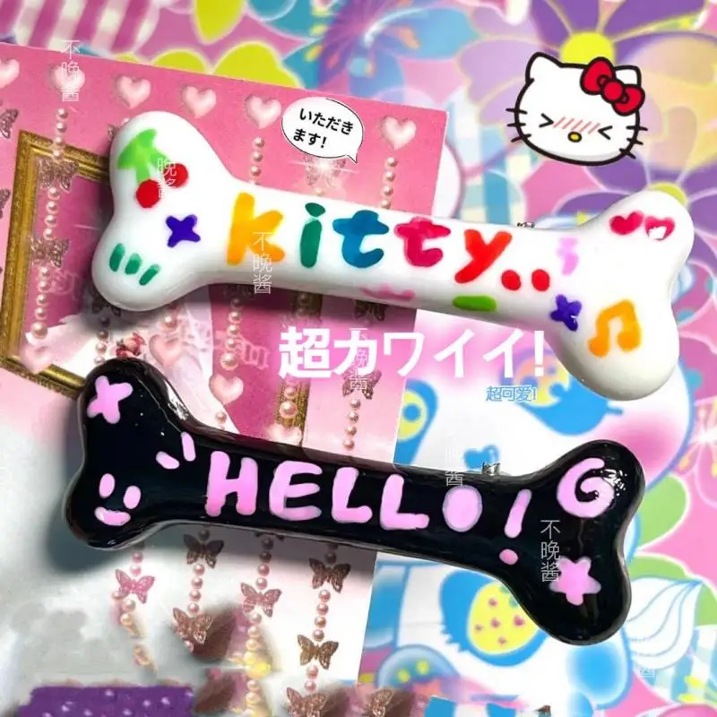 Cartoon Sanrios Hellokittys Bone Shape Bangs Side Clip Bb Hair Accessories Girl Heart Cute Kawaii Issue Card Hair Accessories