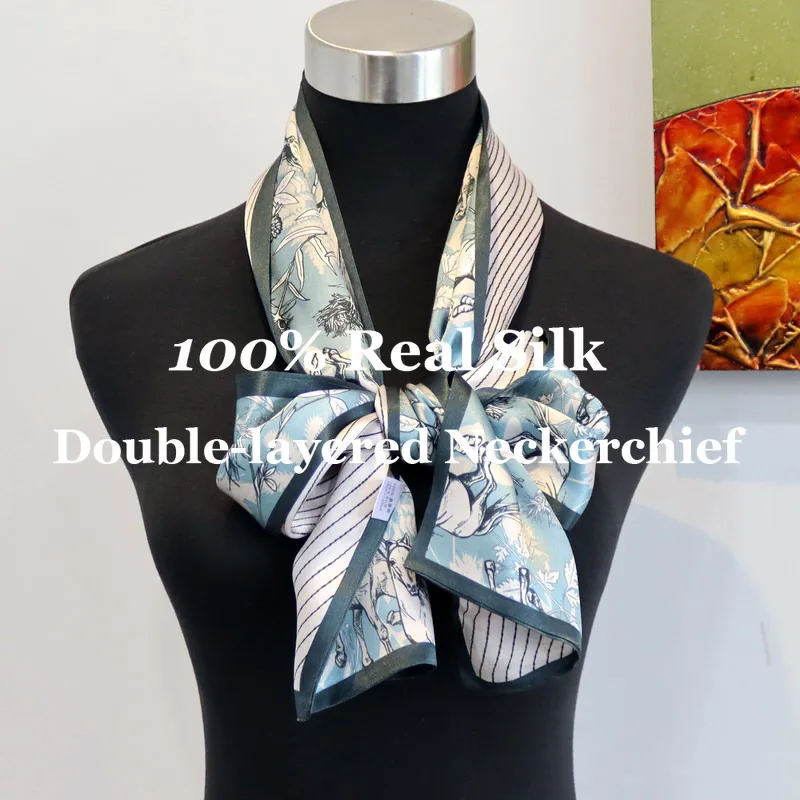 

Роскошный шелковый платок из 100% тутового шелка с принтом, двухслойный узкий шейный платок, элегантная шелковая повязка на шею и для волос, лента-резинка для женщин