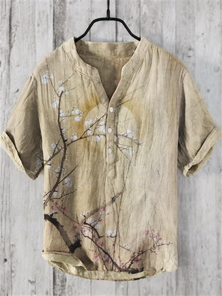 Arte japonesa masculina estampa Henley Vintage, com botões para baixo, camiseta de manga curta, tops com decote em v, roupas casuais, verão