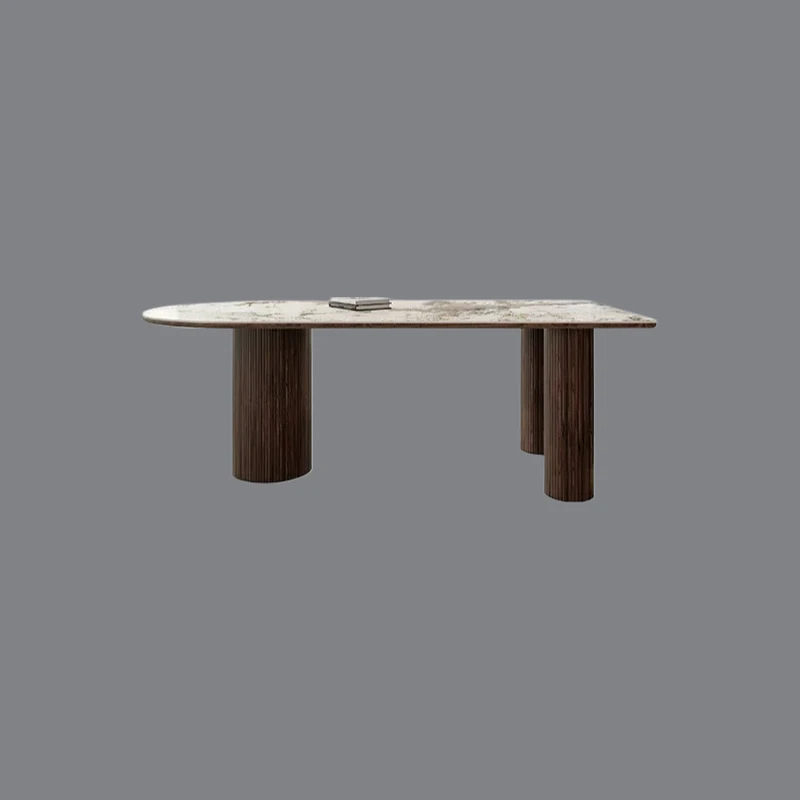 A hot sale  dining table integrated rock slab solid wood oval semicircle against the wall black walnut