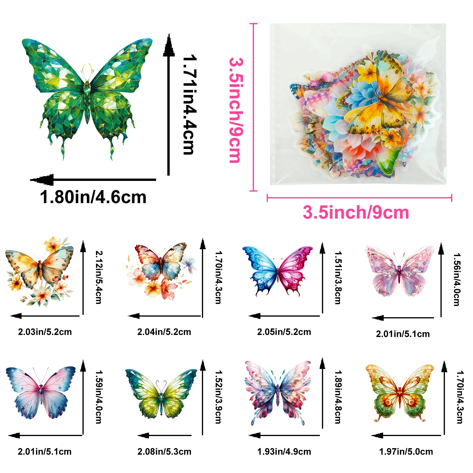 50 Pcs PET Colorful Butterfly Stickers Waterproof DIY Water Cup Phone Case Decoration Cute Butterfly Sticker