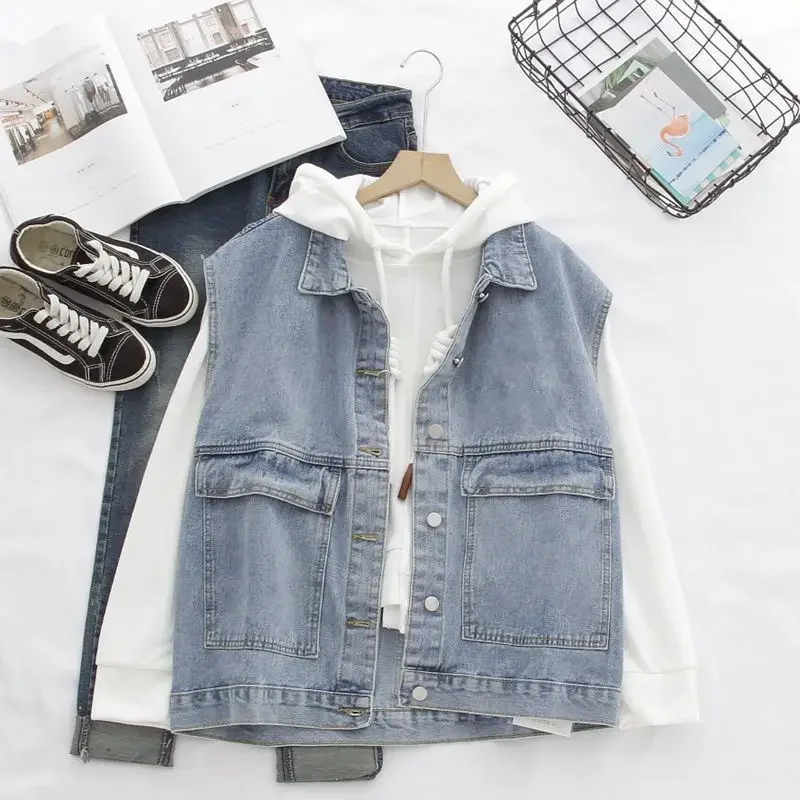 Womens Hoodies Sets 2024 Spring Autumn Trendy Suits Women Korean Style Loose Long Sleeve Hoodie Denim Vest Jacket Two Piece Set