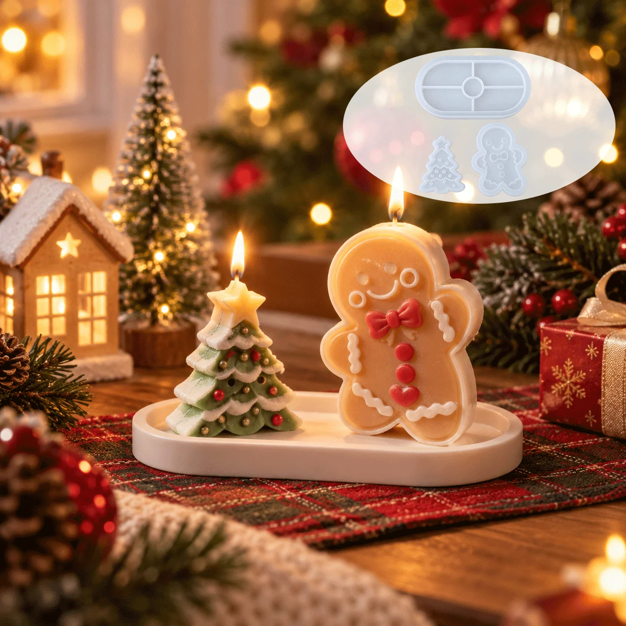 Gingerbread Man & Christmas Tree With Tray Silicone Candle Mold Set DIY Aromatherapy Wax Epoxy Plaster Xmas Decor Craft Mould