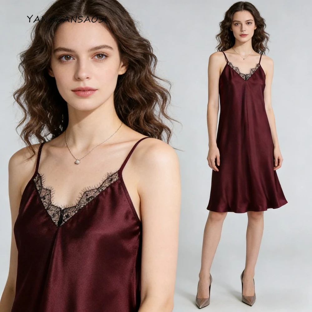 فستان قصير من الساتان العادي مصنوع من حرير التوت الطبيعي 100% بقصة مائلة، فستان نسائي بسيط من الدانتيل برقبة على شكل حرف V كستنائي مثير، 2026 جديد غير رسمي