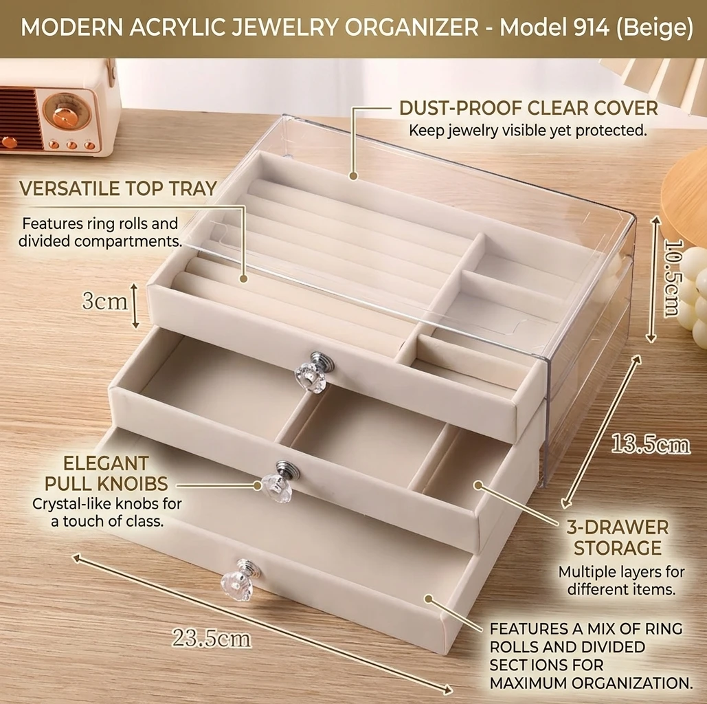 3‑Layer Acrylic Velvet Jewelry Organizer Box, Clear Dust‑Proof Jewelry Storage Case with Crystal Knobs for Rings Earrings Necklaces