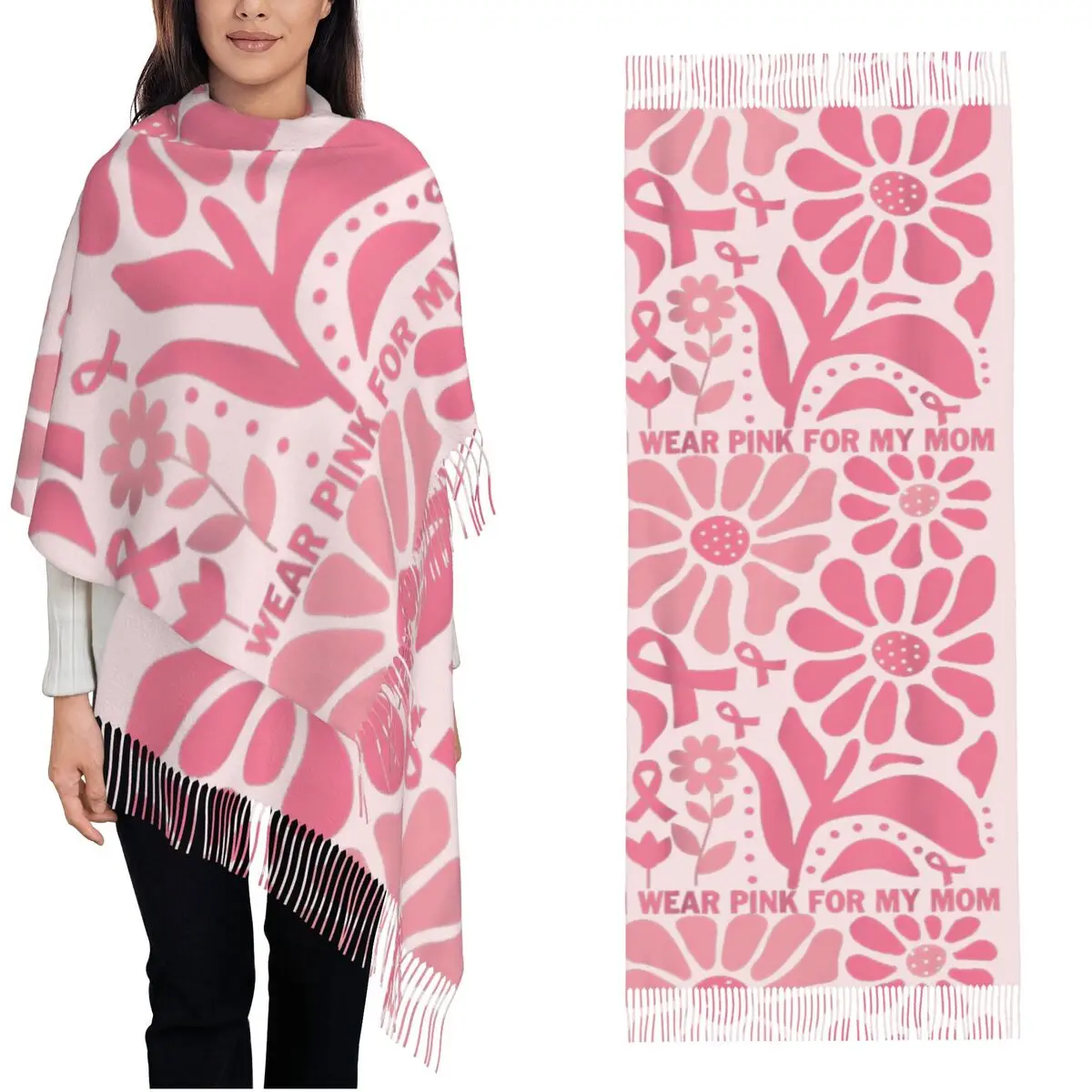 

Womens Tassel Scarf Retro Groovy Breast Cancer I Wear Pink For My Mom Large Winter Fall Shawl Wrap Gifts Cashmere Scarf
