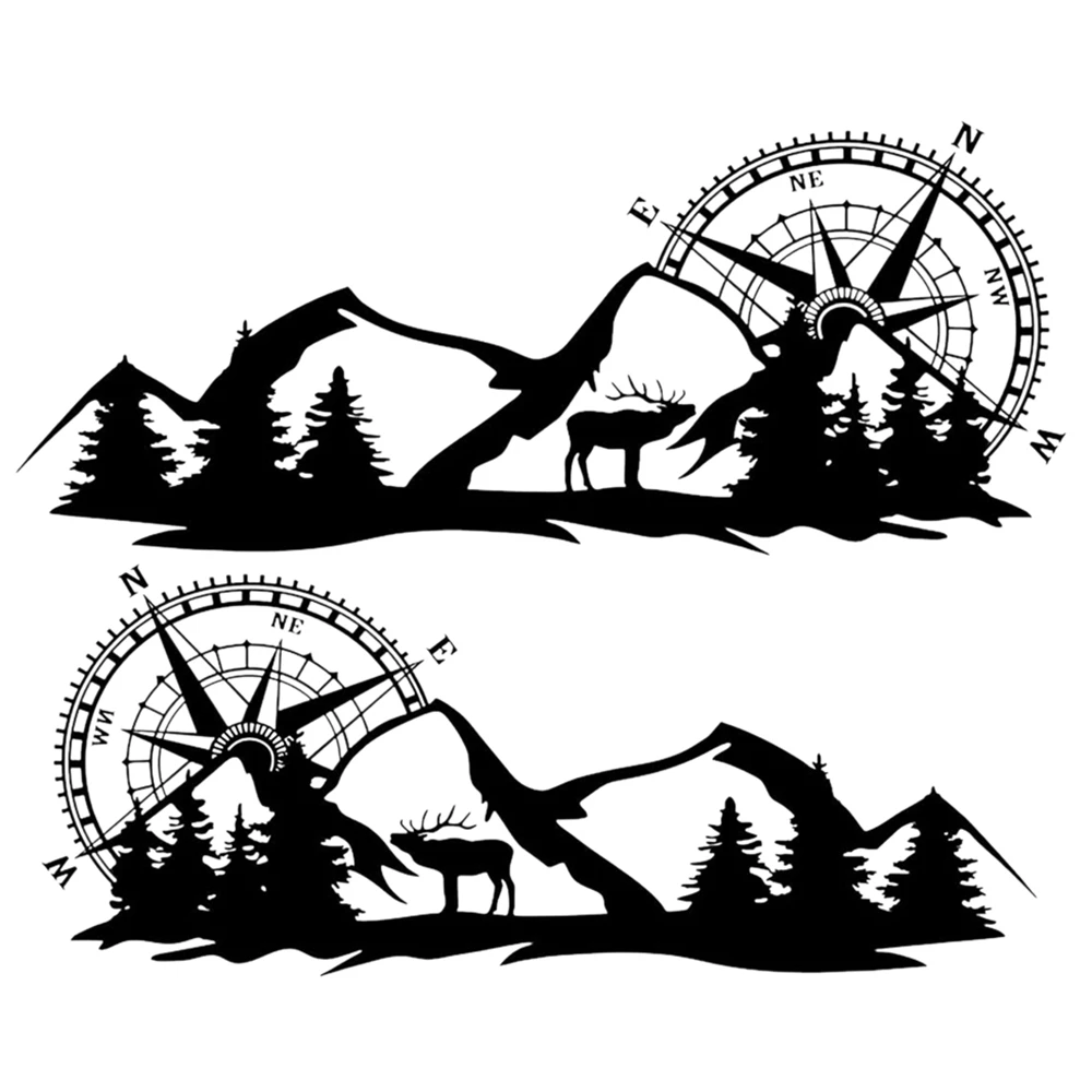 2X Body Sticker Decal Large Compass Navigation with Mountain Deer for Van Black