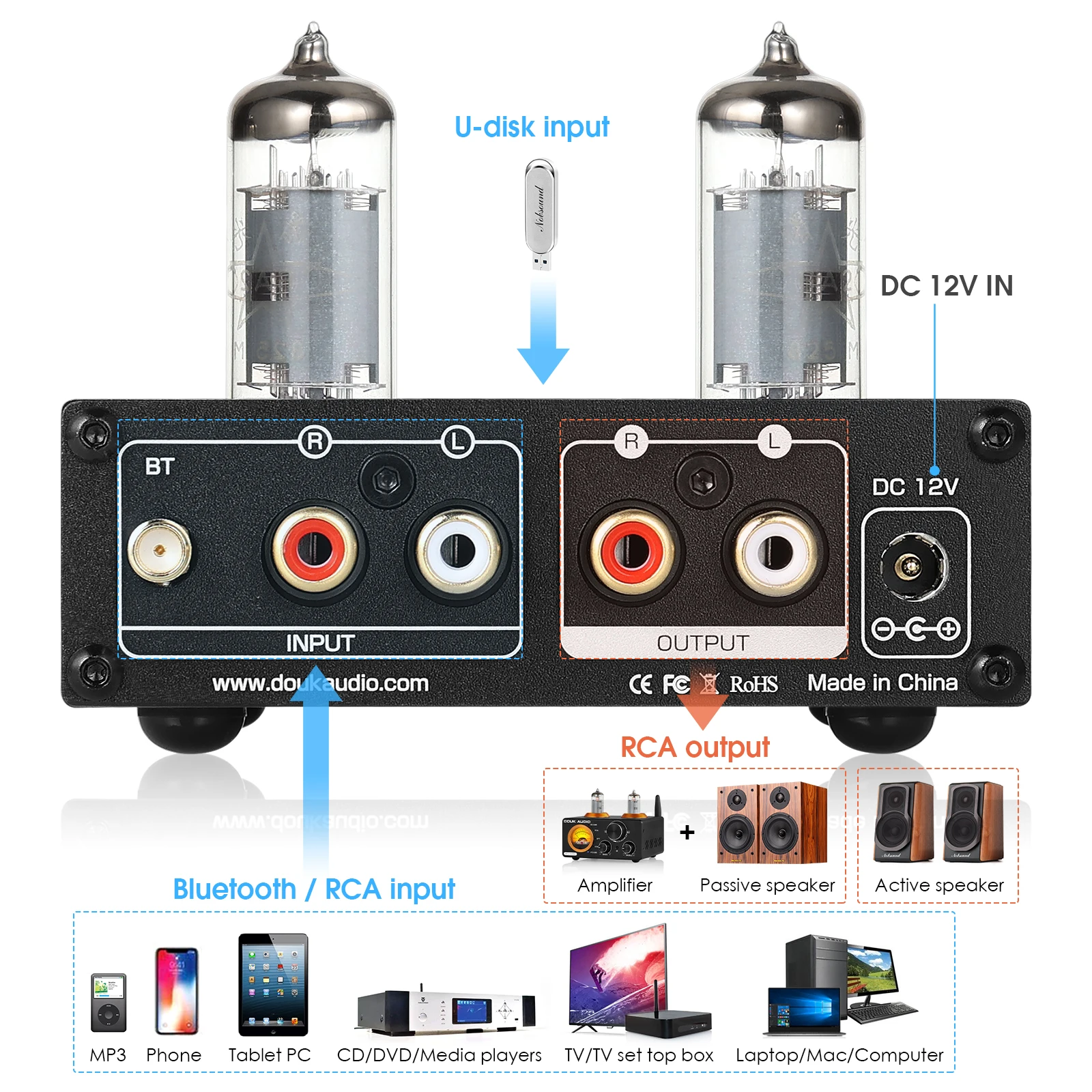 Douk Audio HiFi Bluetooth 5.0 Röhren-Vorverstärker Stereo-Receiver USB-Player Desktop-Vorverstärker mit Höhen- und Bassregelung – Detail 3