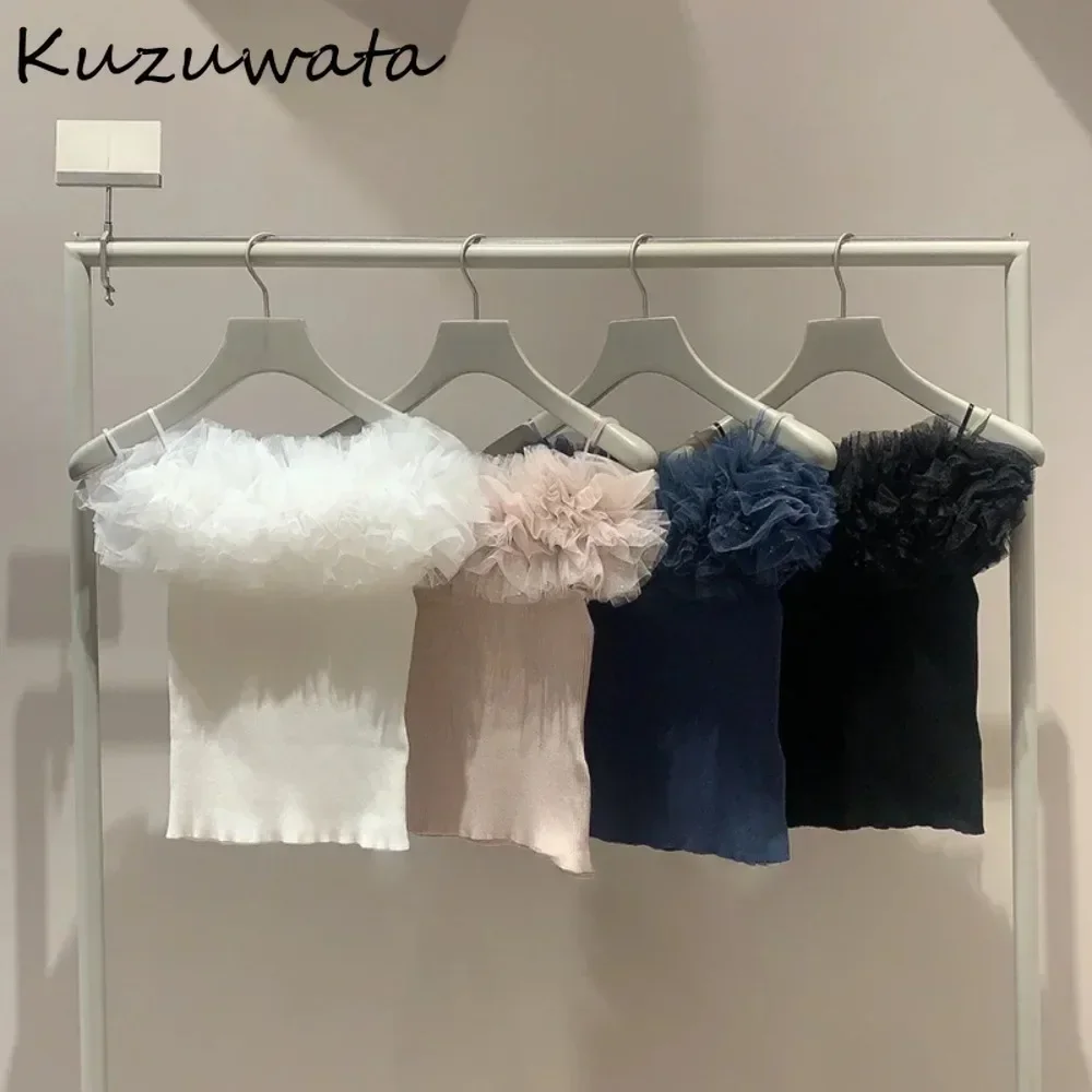 Kuzuwata Sweet Slash Neck Butterfly Sleeve Fresh Knitwear Voile All-match Slim Fit Patchwork Femme Japan Fungus New Casual Tops