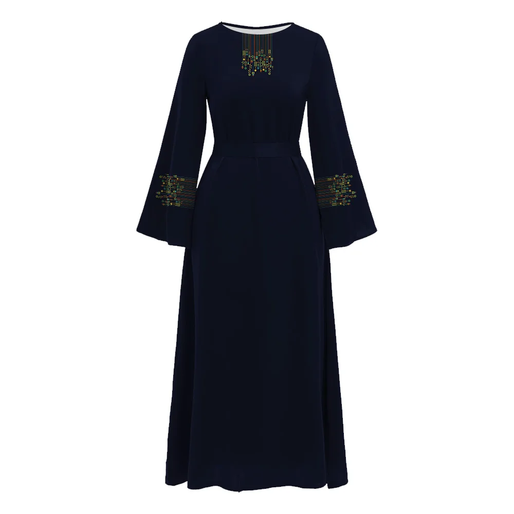 Women Muslim Islam Purple Abaya Long Flare Sleeve O-Neck Abaya Muslim Dress With Belt Dubai Turkey Moroccan Casual Kaftan Dress