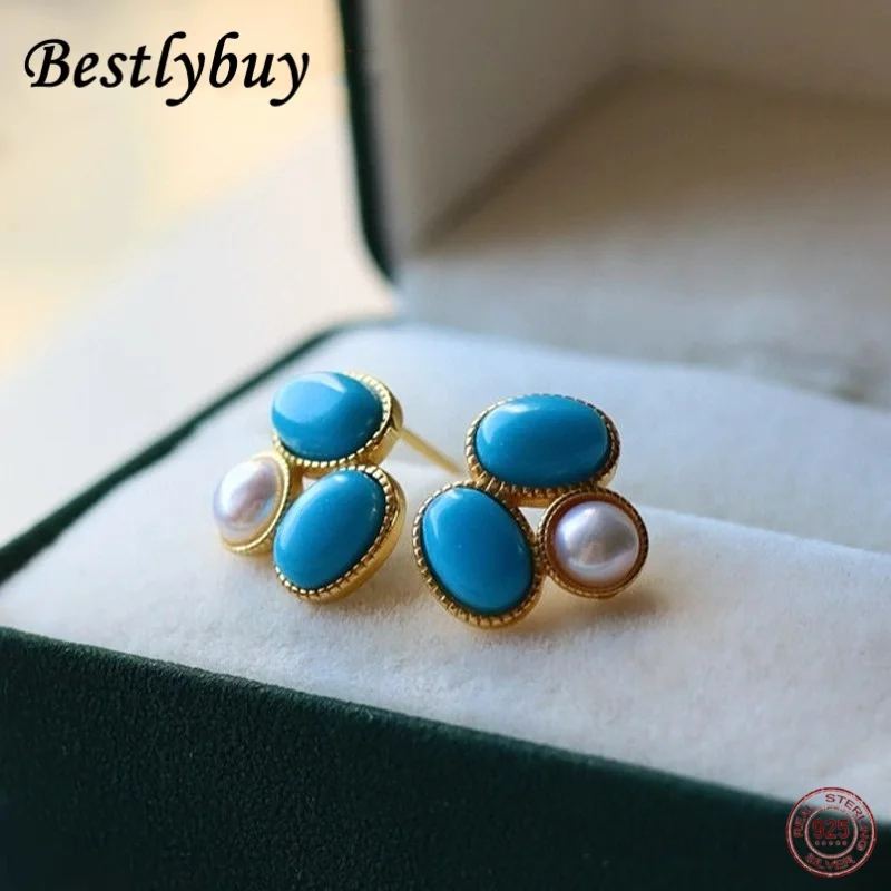 

S925 Sterling Silver Gold-plated Inlaid With Turquoise 5*7mm Earrings Women's Retro French Fashion High-end Jewelry