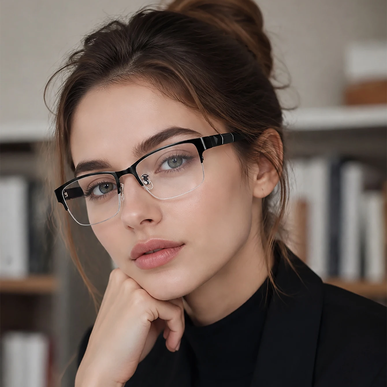 1pc Women Semi‑Rimless Rectangular Eyeglasses Business Metal Frame Non‑Prescription Clear Lens Glasses for Men Office Daily Work