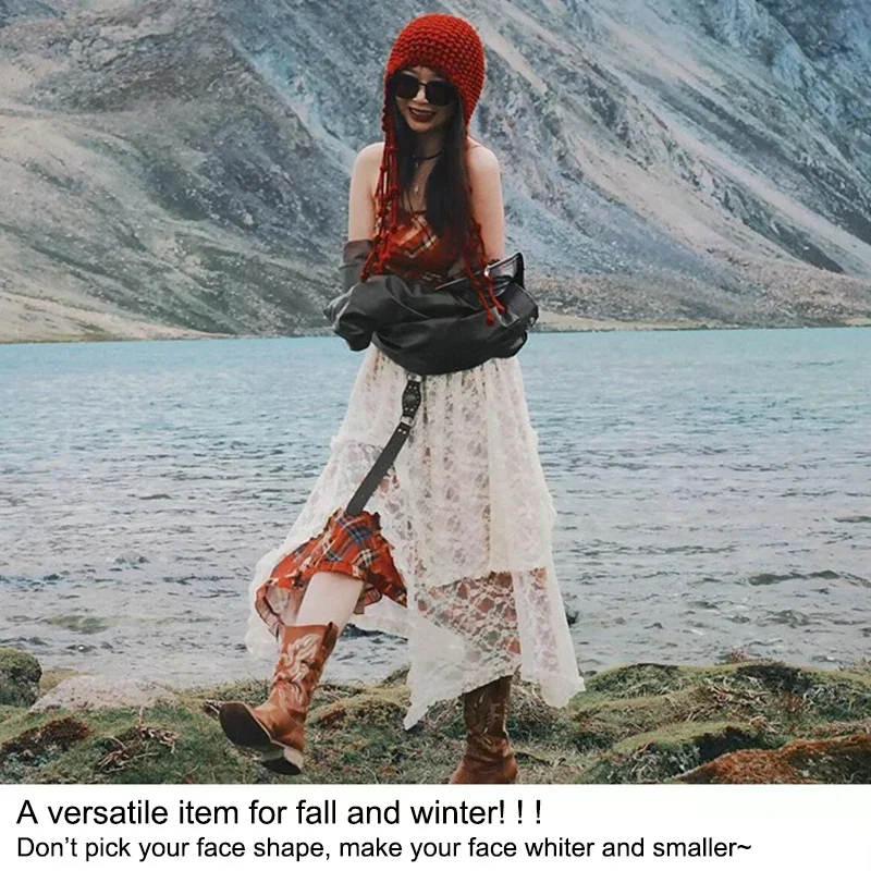 หมวกไหมพรมถักมือสำหรับฤดูใบไม้ร่วงและฤดูหนาว หมวกทรงถุงแบบโปร่ง สไตล์ชาติพันธุ์สำหรับผู้หญิง พร้อมพู่ห้อยปิดหู
