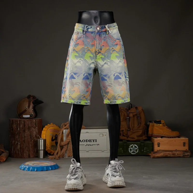 2026 summer retro denim shorts with colorful jacquard patterns, stylish Korean style, versatile five-inch casual shorts for men'