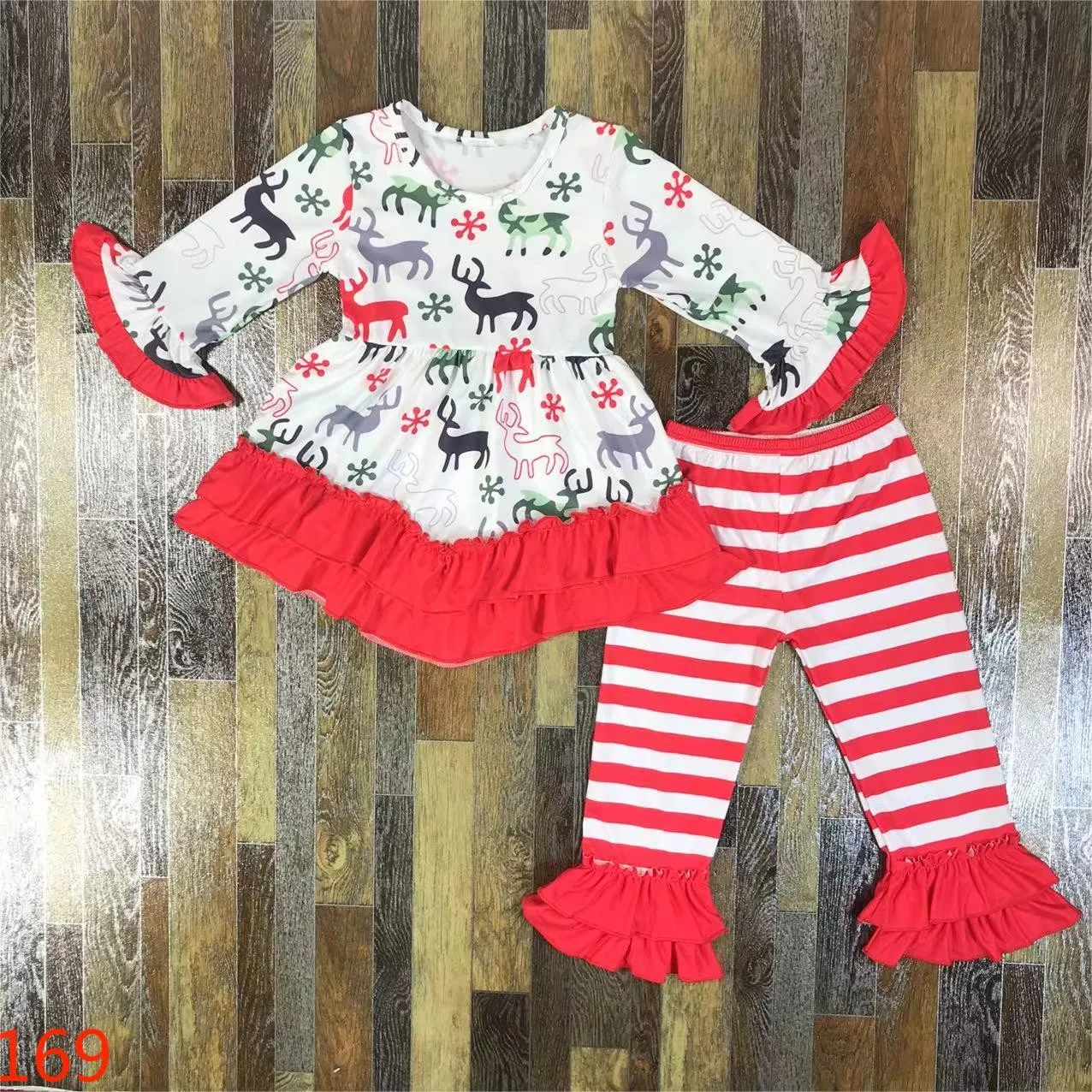 

2024 Girls Baby Christmas Suit Boutique Children Clothes Autumn Pants Long Sleeve Cotton Santa Claus Fawn Pine Tree Outdoor