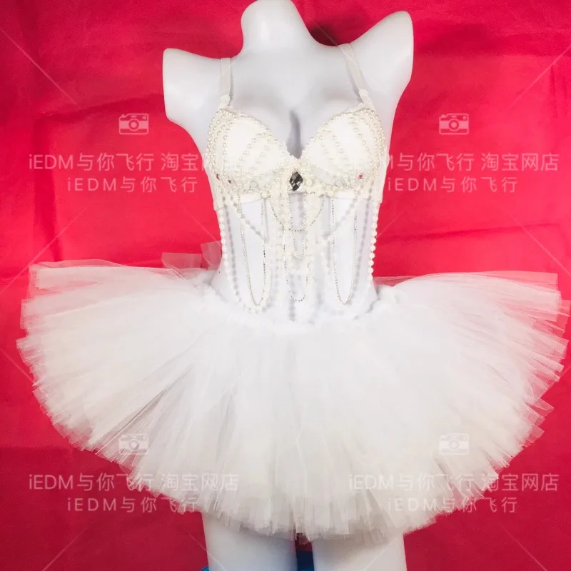 customized belly tassel pearl camisole top Raven glowing bra set glowing tutu skirt Bar performance skirt disfraz mujer carnaval