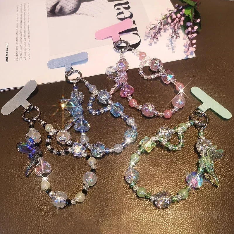 

Женский ремешок со вспышкой бриллиантами, короткий ремешок для запястья, карточная полоса, ремешок для телефона с бусинами и кристаллами в виде бабочки