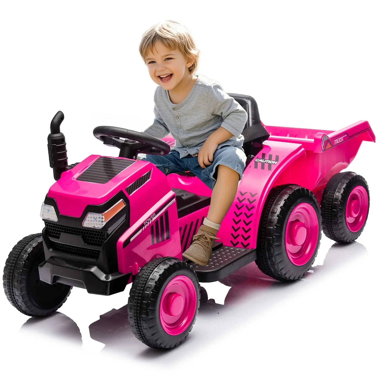 Elektrische tractor voor kinderen van 3-6 jaar, 12V opritspeelgoedvoertuig, met afneembare aanhangwagen, antislipbanden, muziek/MP3 en USB