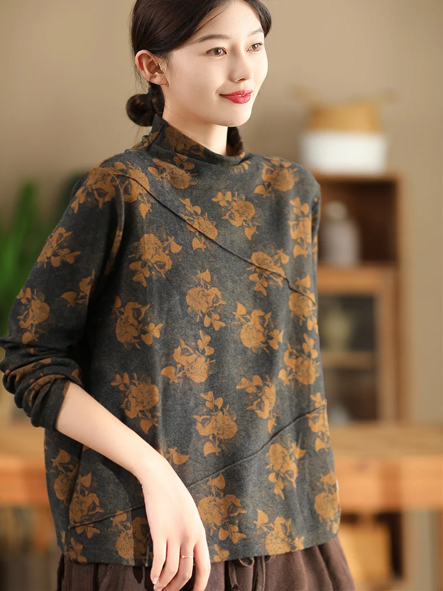 

Autumn Winter Camere Feel Knitted Top Women's Retro Print Overhead f High Collar T-irt Inner Wear Base irt