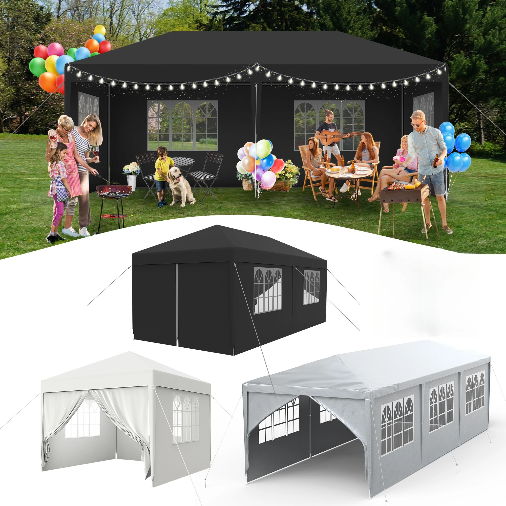 Gazebo de jardin avec 4 parois latérales, structure en acier résistante aux UV, tente de réception pour jardin, patio, mariage, camping et événements en plein air