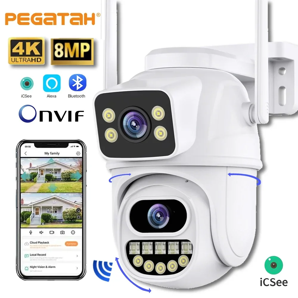 4K 8MP HD WiFi PTZ IP Camera Outdoor Dual Lens Dual Screen Auto Tracking IP Camera CCTV Audio Video Surveillance Camera iCSee