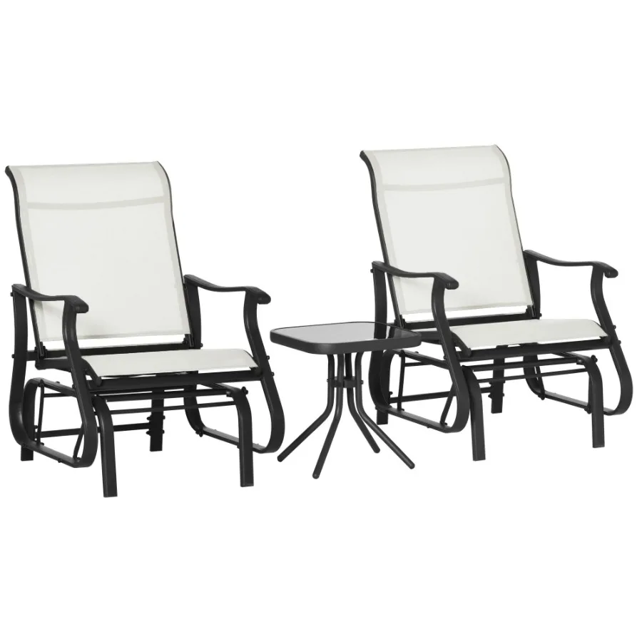 

3Piece Outdoor Gliders Set Bistro Set with Steel Frame Tempered Glass Top Table for Patio Garden Backyard Lawn Cream White
