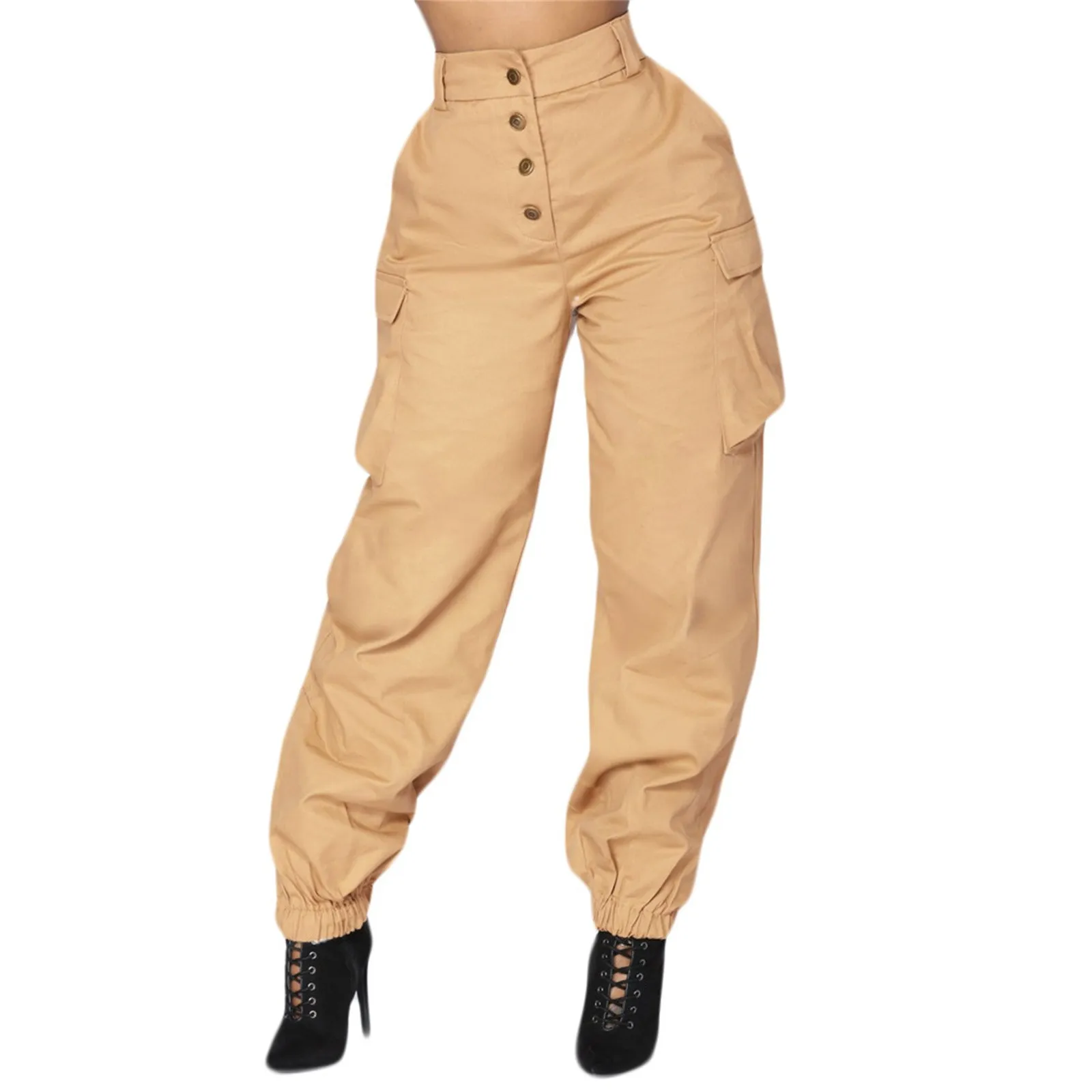 Women'S High Waist Cargo Pants Fashion Trend Solid Color All-Match Button Cargo Trousers Daily Simple Casual Pants With Pockets