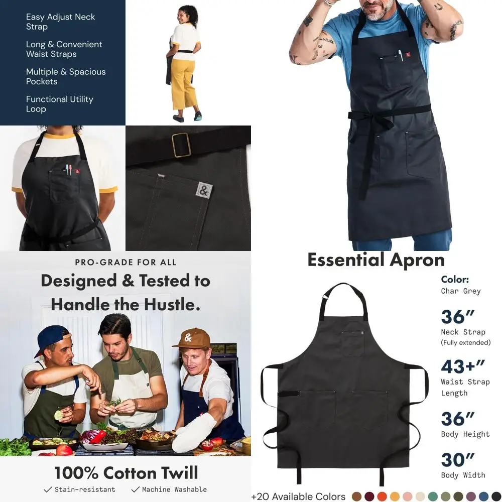 

Adjustable Chef Bib Apron with 3 Pockets and Towel Loop - 8oz Charcoal Grey Cotton Canvas by Hedley & Bennett