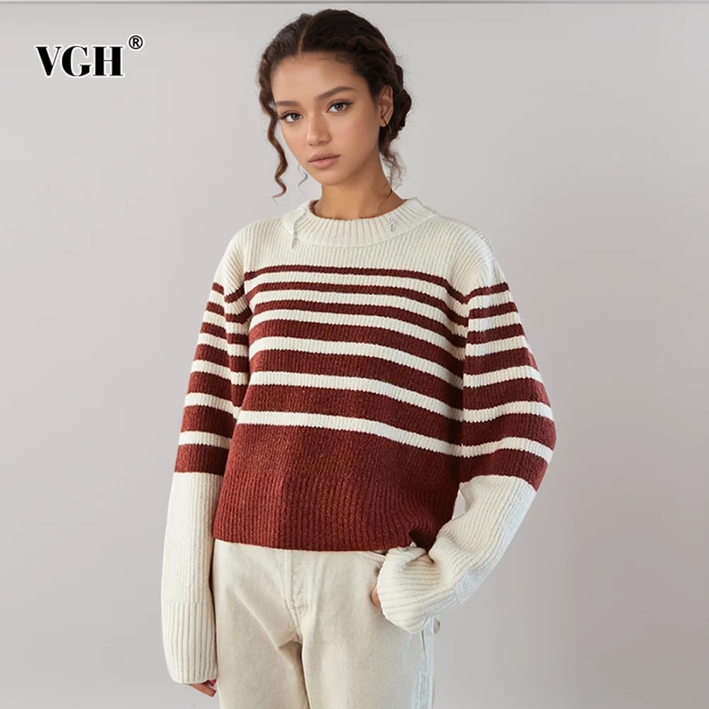 

VGH Hit Color Striped Knitting Pullover Sweater For Women Round Neck Long Sleeve Loose Casual Sweaters Female Fashion Style New