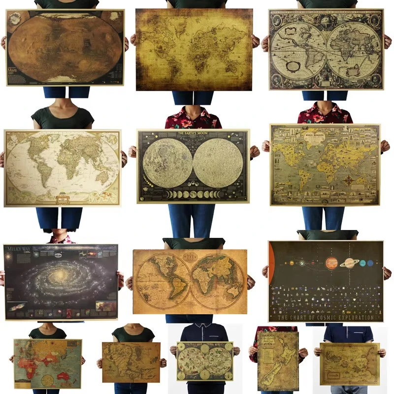 Orden mixta Vintage, mapas del mundo de la ciudad antigua, mapa de la Tierra Media, póster de Luna, papel Kraft Retro, pegatina de pared para decoración del hogar