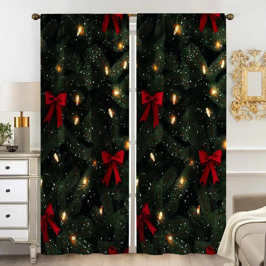 2PCS Digital Print Curtain, Dark Green Pine Branches with Red Bows and Warm Fairy Lights, Snowflakes, Cozy, for Bedroom Decor