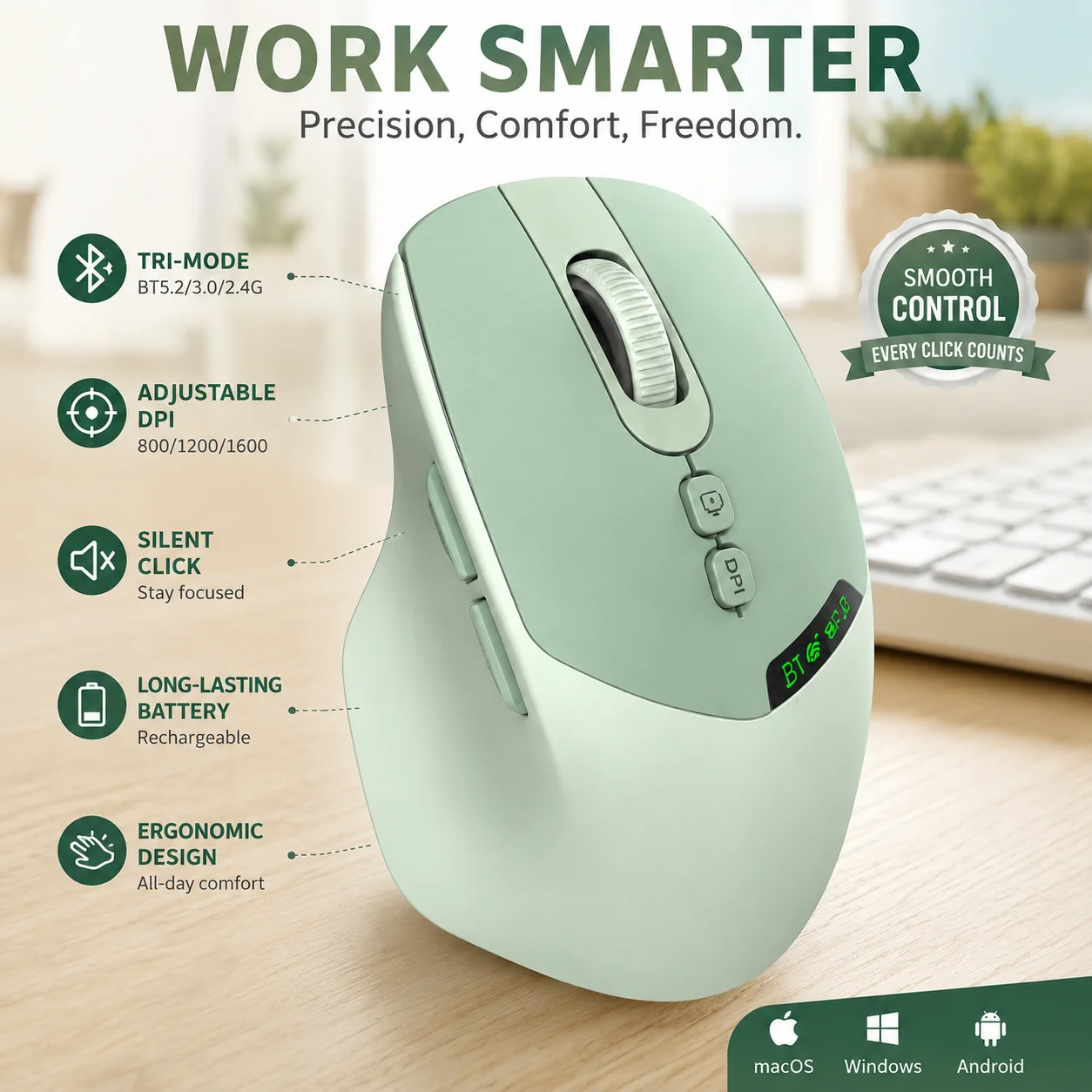 Bluetooth Wireless 2.4G Dual-Mode Rechargeable Mouse 7-Buttons 2000DPI Adjustable Ergonomic Design Slient Mouse For PC Computer