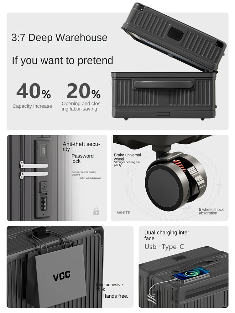 حقيبة أمتعة بعجلات بخمس عجلات سعة كبيرة 2026 جديدة متعددة الوظائف 20 بوصة قفل مجمع حقيبة حمل