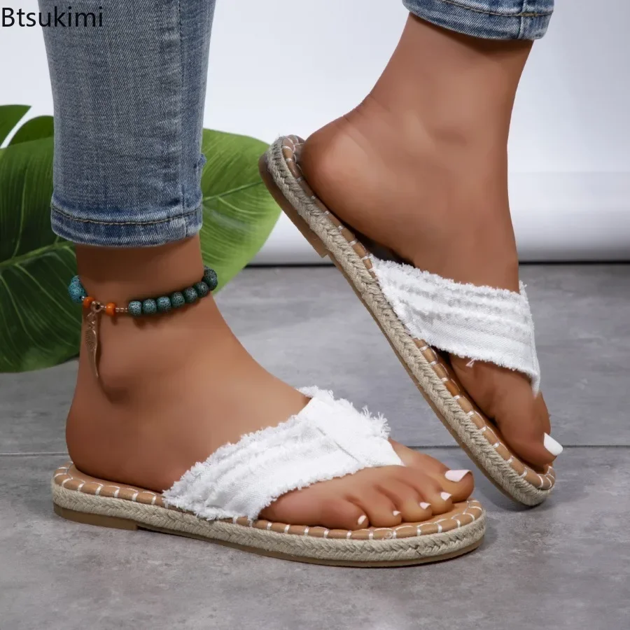 

2025 Women Fashion Slippers Comfy Beach Flip Flops Summer New Soft Bottom Casual Flat Shoes Solid Plush Edge Canvas Women Slides