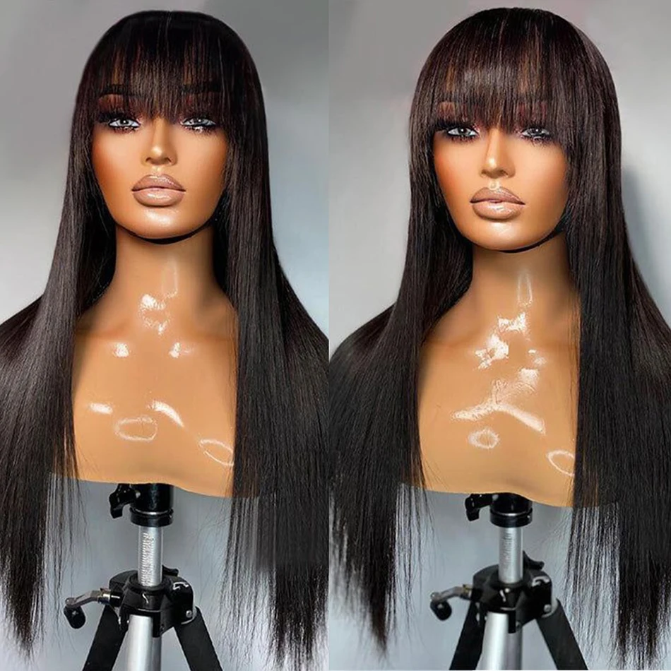 Wiggogo 3X1 Middle Part Lace Wig Bone Straight Human Hair Wig With Bangs Full Machine Made Straight Human Hair Wigs For Women