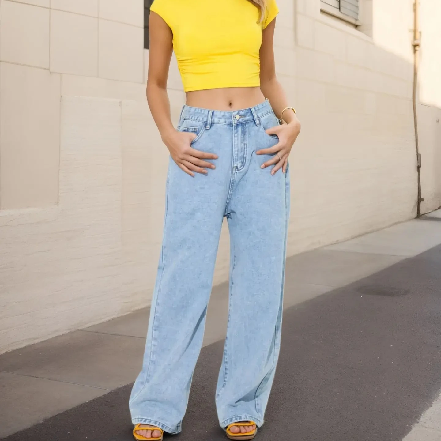 

Vintage Jeans Women Denim Wide Leg Pants Washed Distressed Floor Length High Waist Vintage Straight Trousers 2025 Streetwear