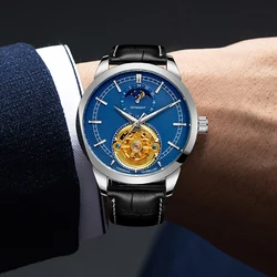 Moda Forsining Üst Marka Hollow Tourbillon Pin Ölçeği Tam Otomatik Mekanik Adam İş Deri Kemer Ay Fazı Izle